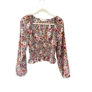No Comment NY-LA Floral Smocked Peplum Blouse Long Sleeve Sweetheart Top Large‎